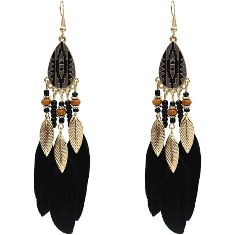 Black Feather Dangle Earrings for women Bohemian Lightweight American Indian Fea